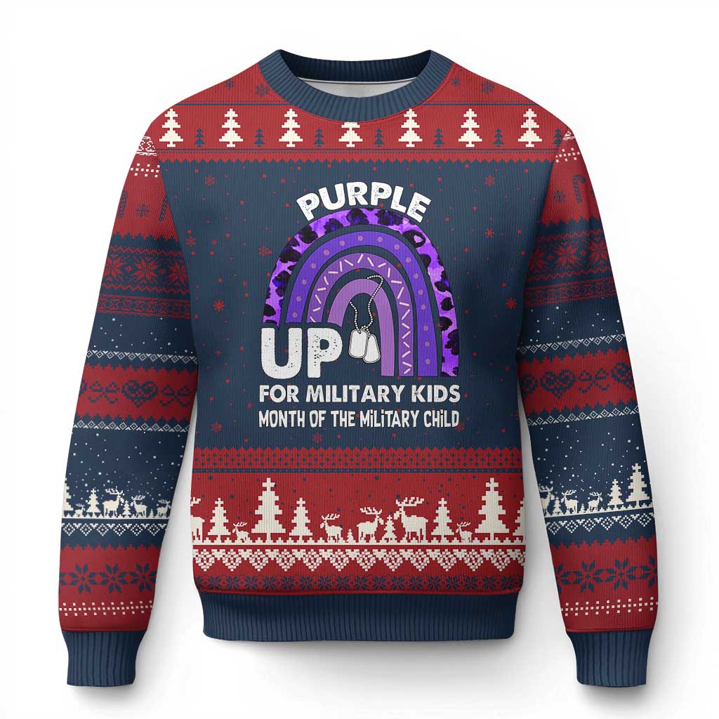Purple Up For Military Kids Ugly Christmas Sweater Military Child Month Dog Tags Purple Ribbon Rainbow - Wonder Print Shop