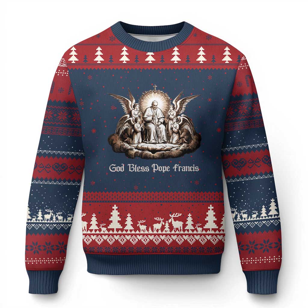 God Bless Pope Francis Ugly Christmas Sweater Memorial Angel Catholic Faith & Unity - Wonder Print Shop