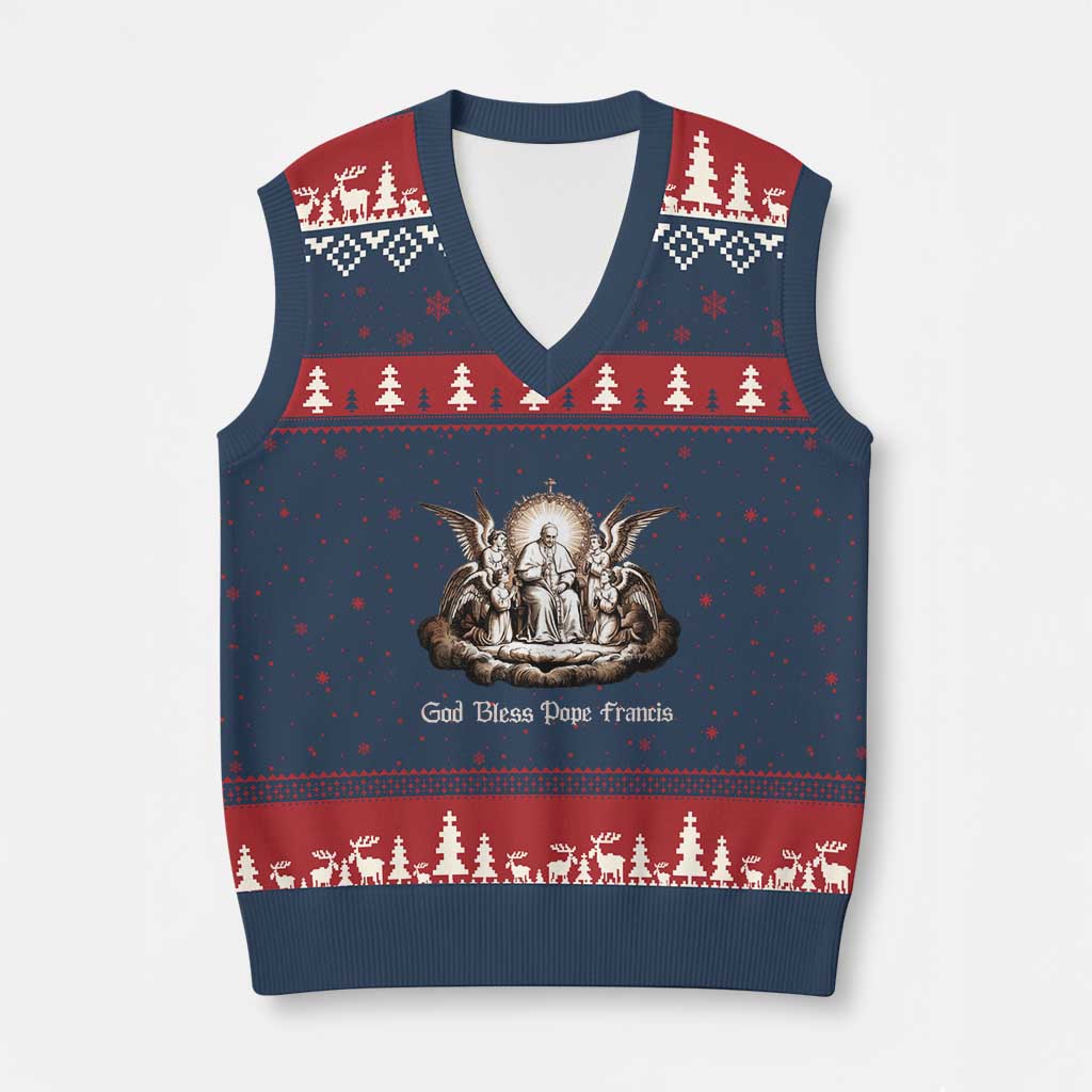 God Bless Pope Francis V-Neck Knit Sweater Vest Memorial Angel Catholic Faith & Unity - Wonder Print Shop