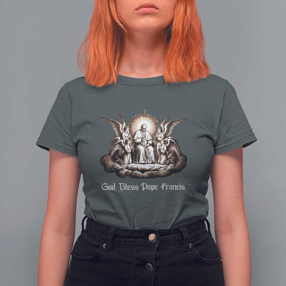 God Bless Pope Francis T Shirt For Women Memorial Angel Catholic Faith & Unity