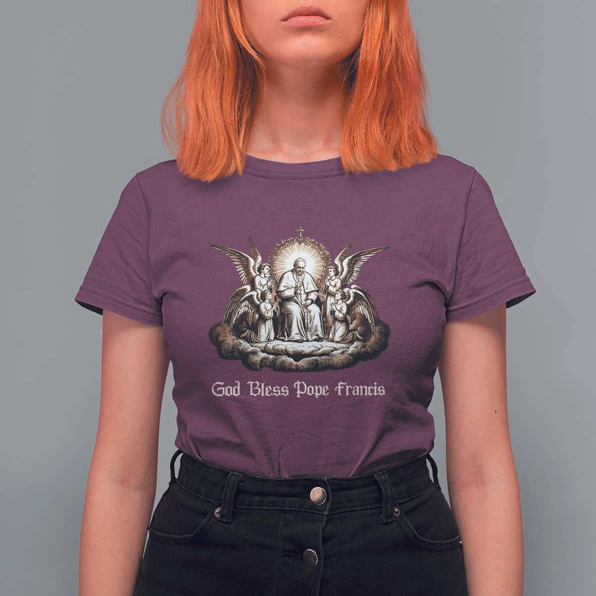 God Bless Pope Francis T Shirt For Women Memorial Angel Catholic Faith & Unity