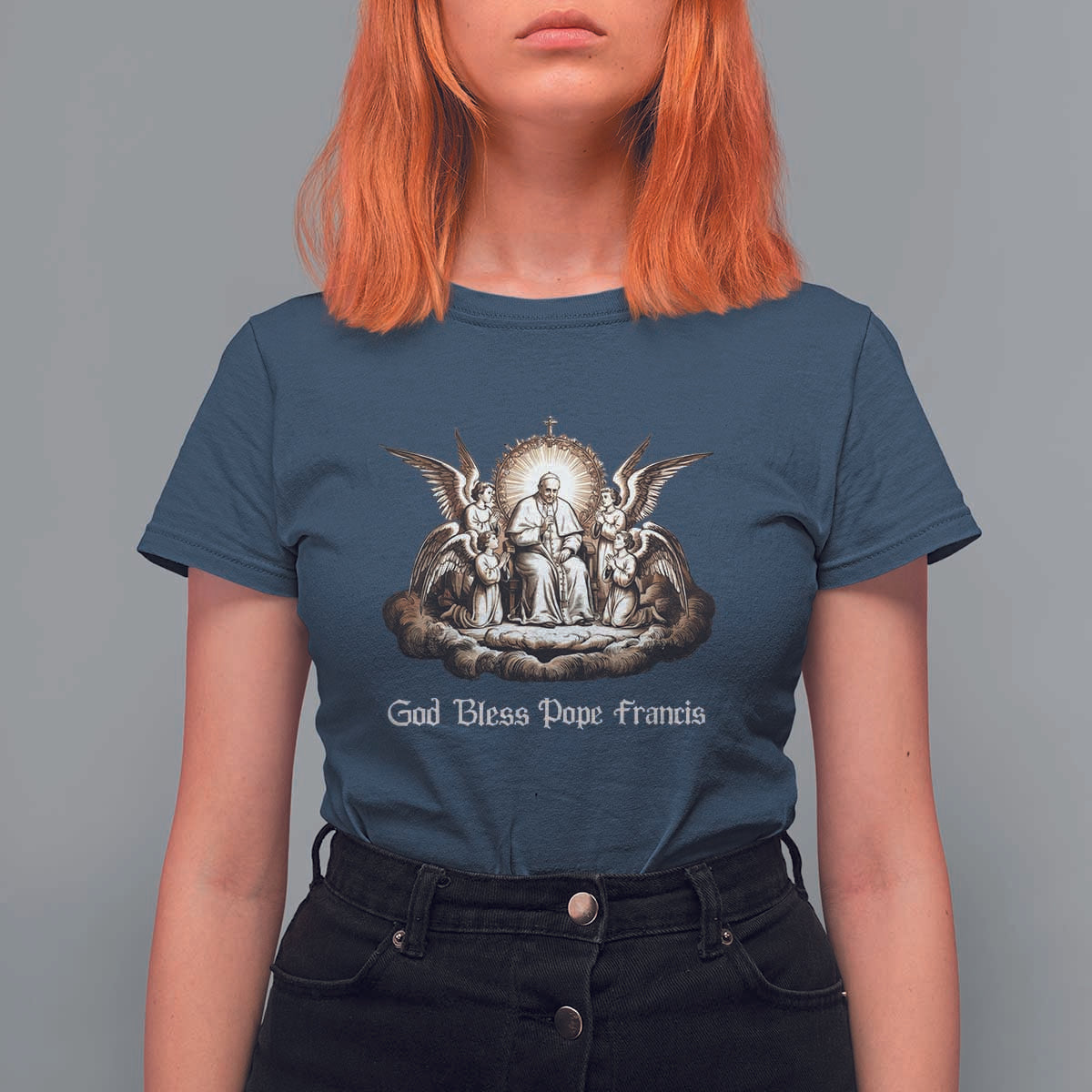 God Bless Pope Francis T Shirt For Women Memorial Angel Catholic Faith & Unity