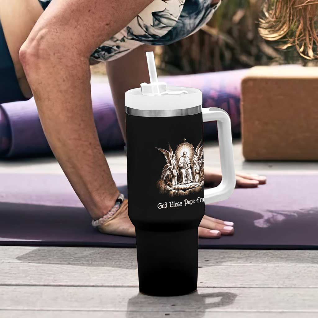 God Bless Pope Francis Tumbler With Handle Memorial Angel Catholic Faith & Unity