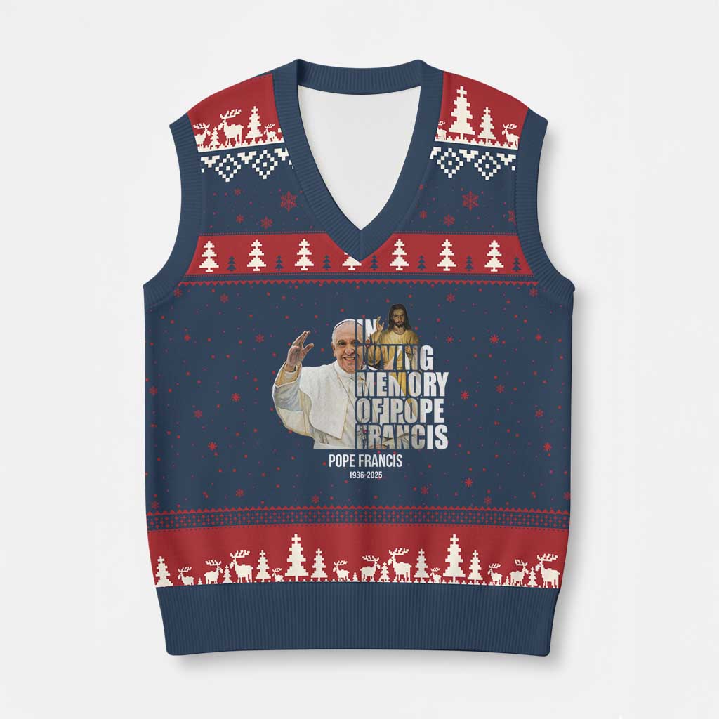 In Loving Memory of Pope Francis V-Neck Knit Sweater Vest Viva il Papa 1936-2025 - Wonder Print Shop