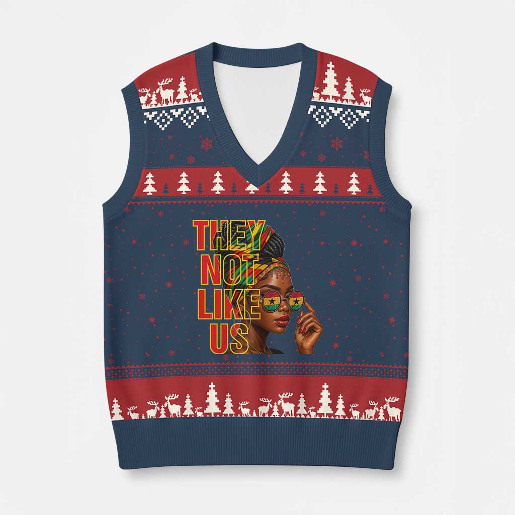 They Not Like Us Afro Queen V-Neck Knit Sweater Vest Melanin Magic Woman witth Headwrap and Sunglasses - Wonder Print Shop