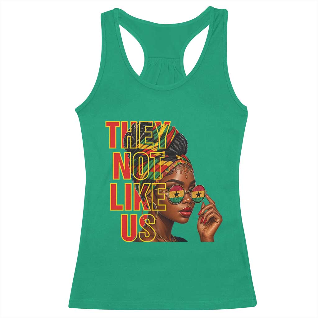 They Not Like Us Afro Queen Racerback Tank Top Melanin Magic Woman witth Headwrap and Sunglasses - Wonder Print Shop