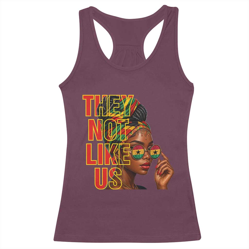 They Not Like Us Afro Queen Racerback Tank Top Melanin Magic Woman witth Headwrap and Sunglasses - Wonder Print Shop