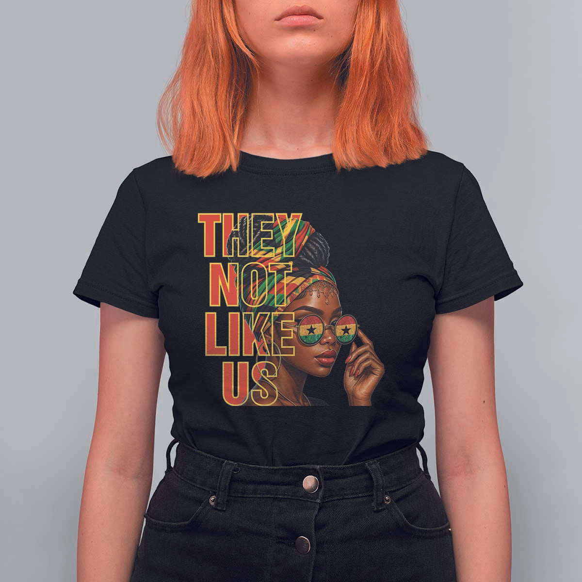 They Not Like Us Afro Queen T Shirt For Women Melanin Magic Woman witth Headwrap and Sunglasses - Wonder Print Shop