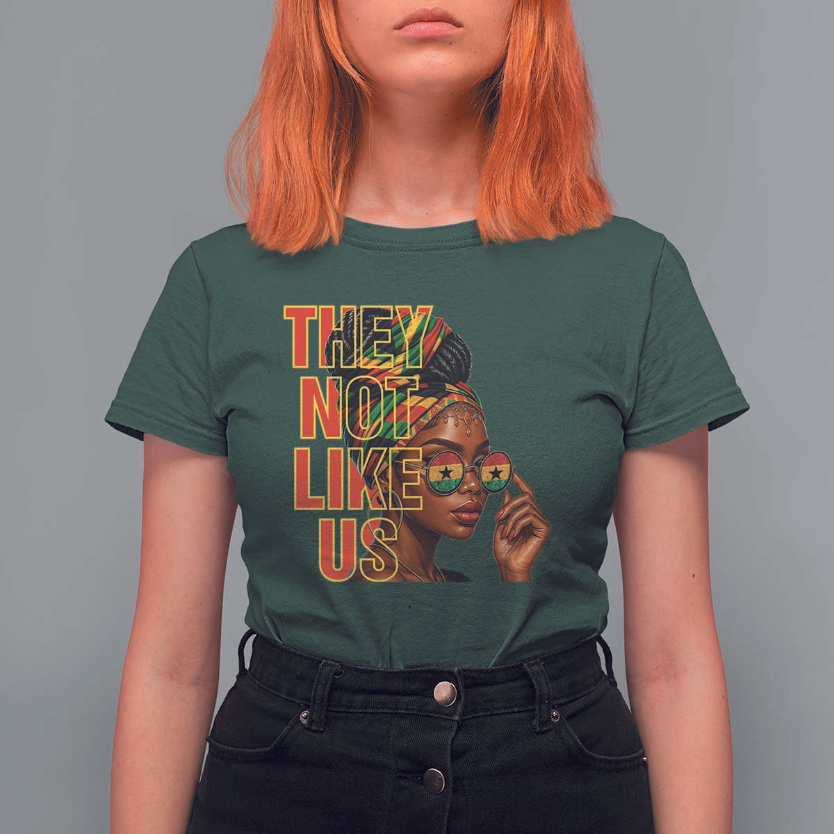 They Not Like Us Afro Queen T Shirt For Women Melanin Magic Woman witth Headwrap and Sunglasses - Wonder Print Shop