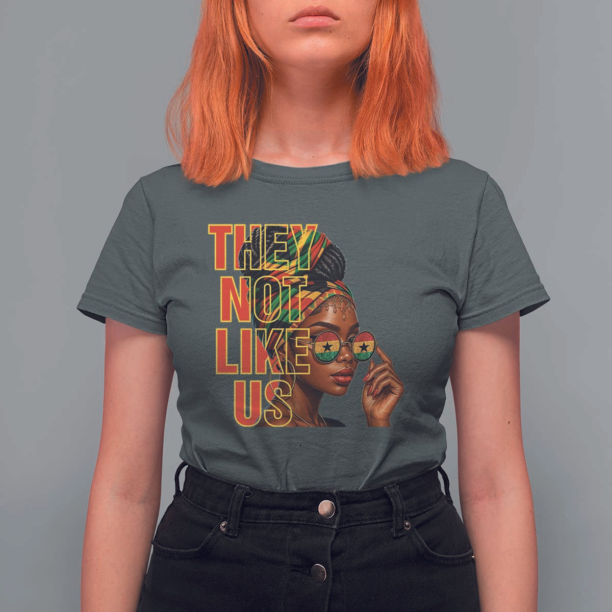 They Not Like Us Afro Queen T Shirt For Women Melanin Magic Woman witth Headwrap and Sunglasses - Wonder Print Shop