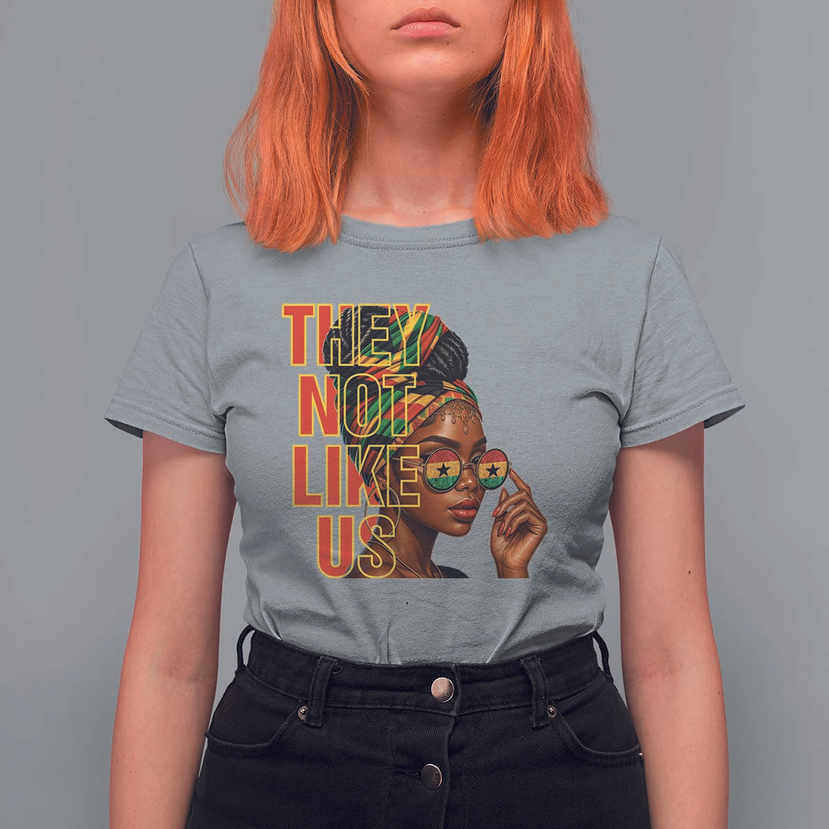 They Not Like Us Afro Queen T Shirt For Women Melanin Magic Woman witth Headwrap and Sunglasses - Wonder Print Shop