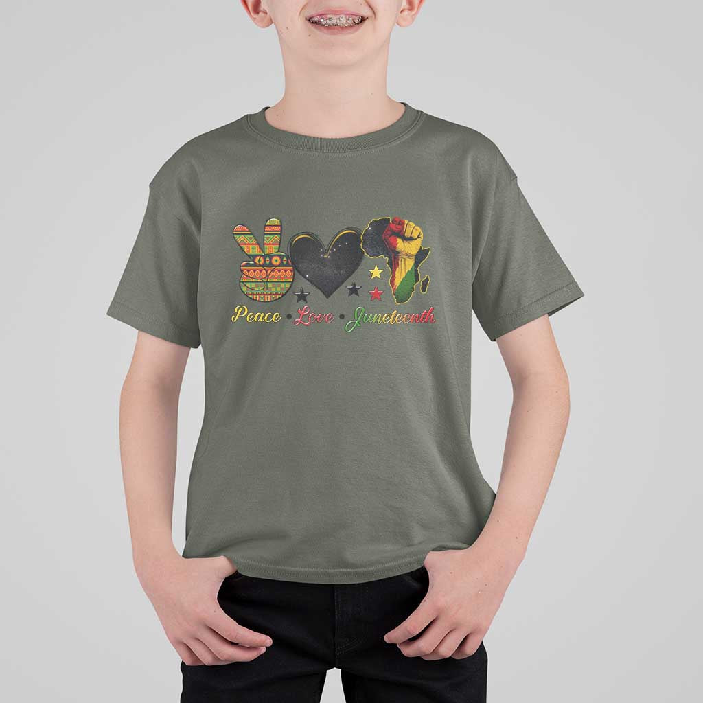 Peace Love Juneteenth T Shirt For Kid 1865 Heart Kente Peace Sign Africa Fist - Wonder Print Shop