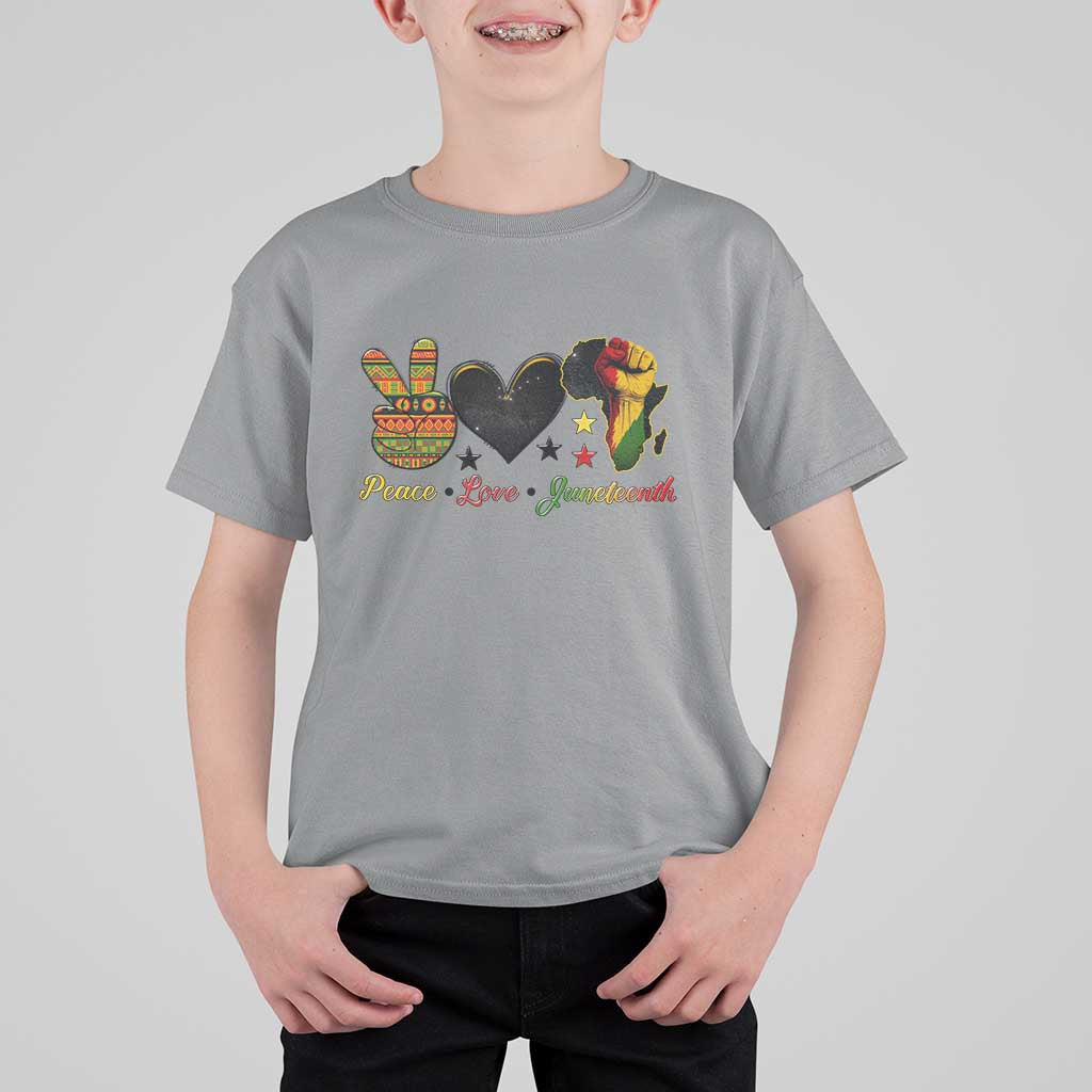 Peace Love Juneteenth T Shirt For Kid 1865 Heart Kente Peace Sign Africa Fist - Wonder Print Shop