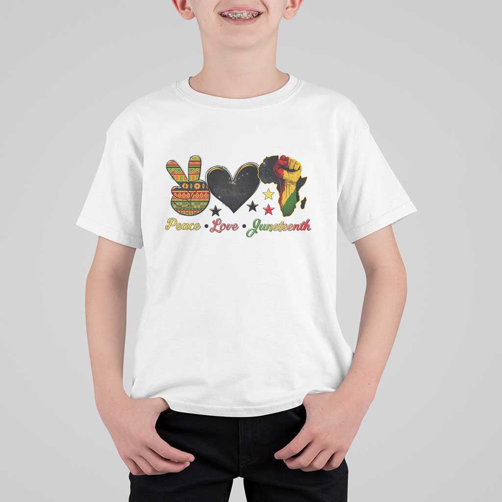 Peace Love Juneteenth T Shirt For Kid 1865 Heart Kente Peace Sign Africa Fist - Wonder Print Shop