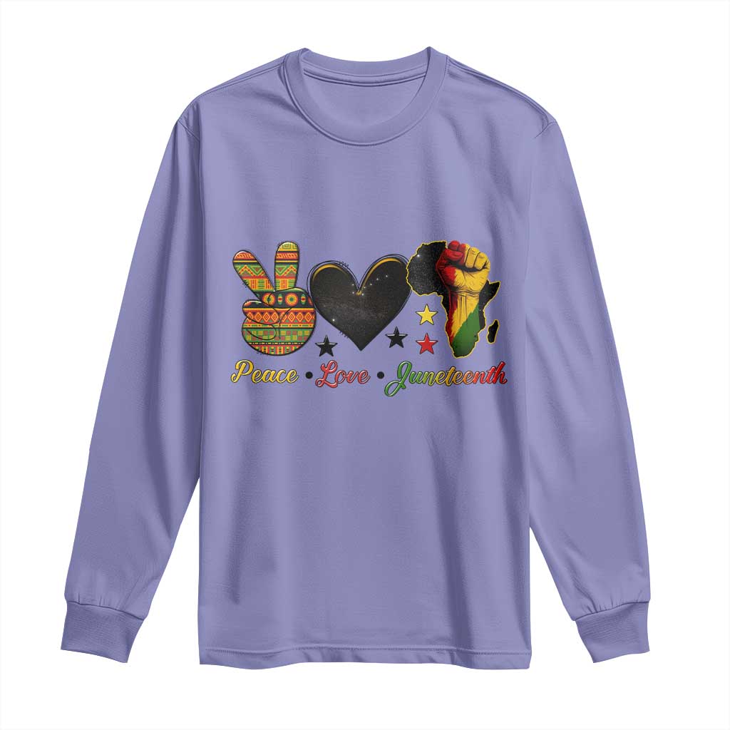 Peace Love Juneteenth Long Sleeve Shirt 1865 Heart Kente Peace Sign Africa Fist - Wonder Print Shop