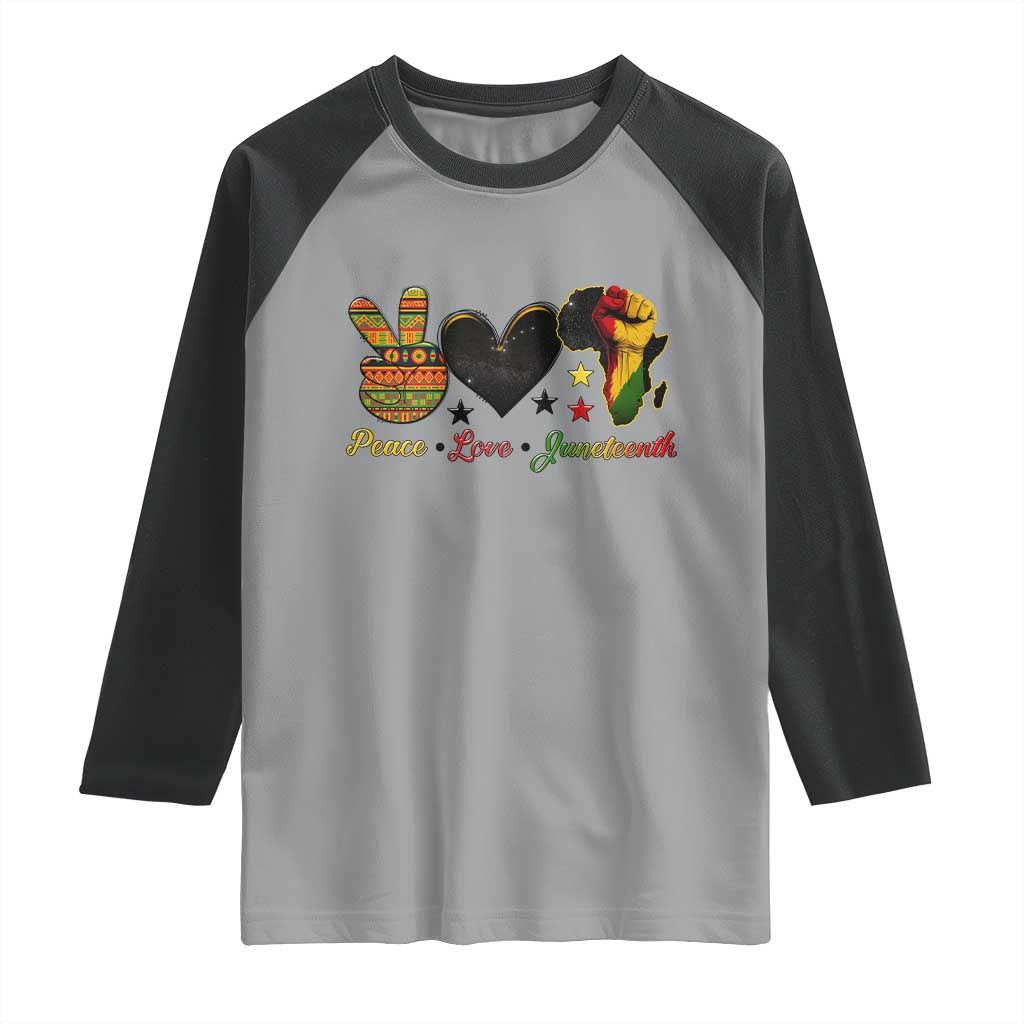 Peace Love Juneteenth Raglan Shirt 1865 Heart Kente Peace Sign Africa Fist - Wonder Print Shop