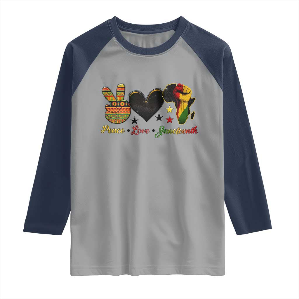 Peace Love Juneteenth Raglan Shirt 1865 Heart Kente Peace Sign Africa Fist - Wonder Print Shop