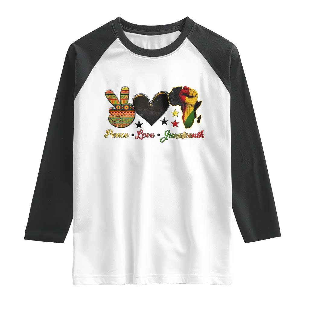Peace Love Juneteenth Raglan Shirt 1865 Heart Kente Peace Sign Africa Fist - Wonder Print Shop