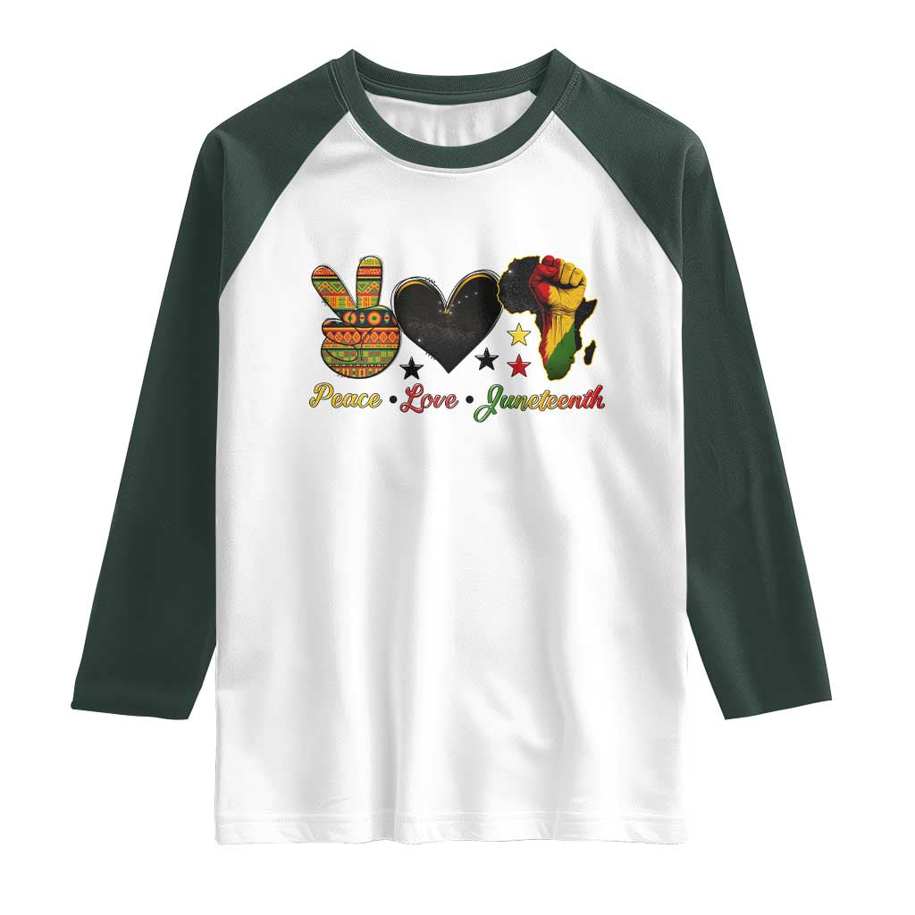 Peace Love Juneteenth Raglan Shirt 1865 Heart Kente Peace Sign Africa Fist - Wonder Print Shop