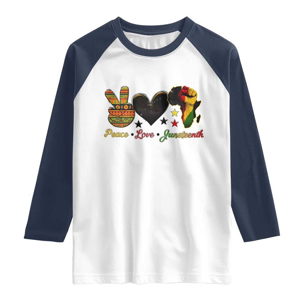 Peace Love Juneteenth Raglan Shirt 1865 Heart Kente Peace Sign Africa Fist - Wonder Print Shop
