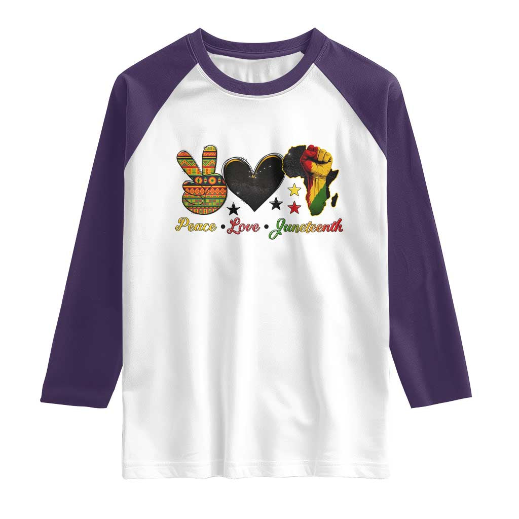 Peace Love Juneteenth Raglan Shirt 1865 Heart Kente Peace Sign Africa Fist - Wonder Print Shop