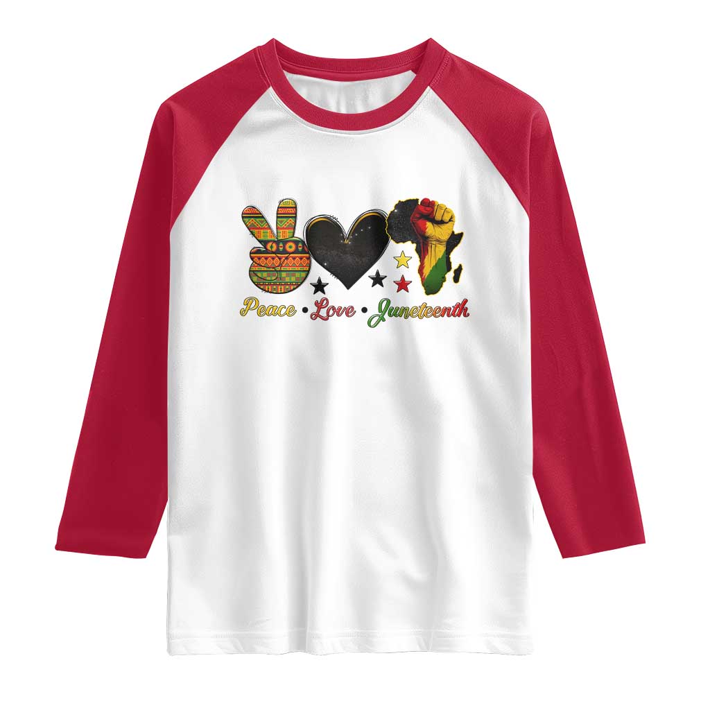 Peace Love Juneteenth Raglan Shirt 1865 Heart Kente Peace Sign Africa Fist - Wonder Print Shop