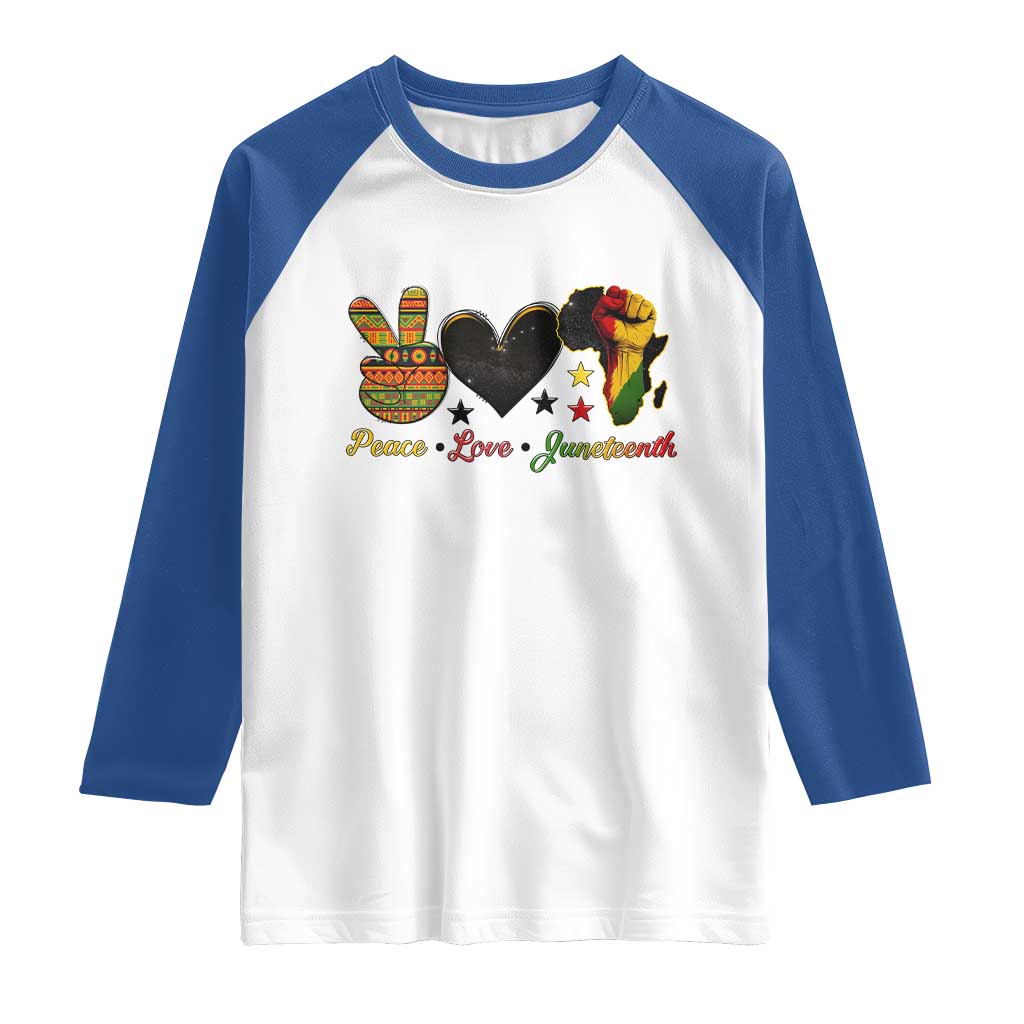 Peace Love Juneteenth Raglan Shirt 1865 Heart Kente Peace Sign Africa Fist - Wonder Print Shop