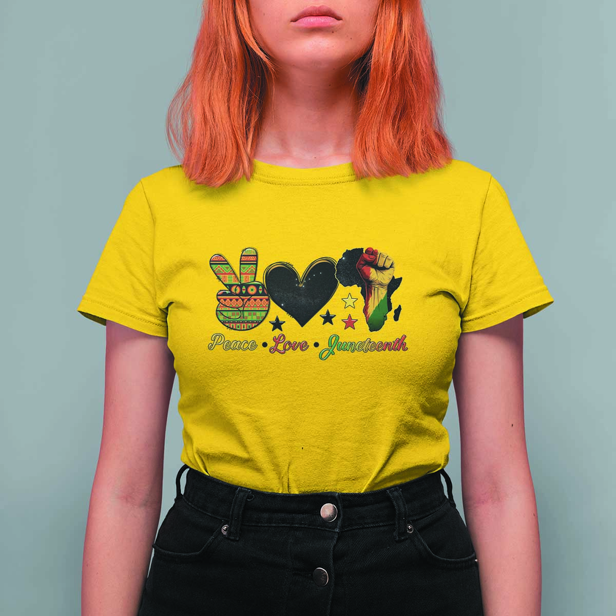 Peace Love Juneteenth T Shirt For Women 1865 Heart Kente Peace Sign Africa Fist - Wonder Print Shop