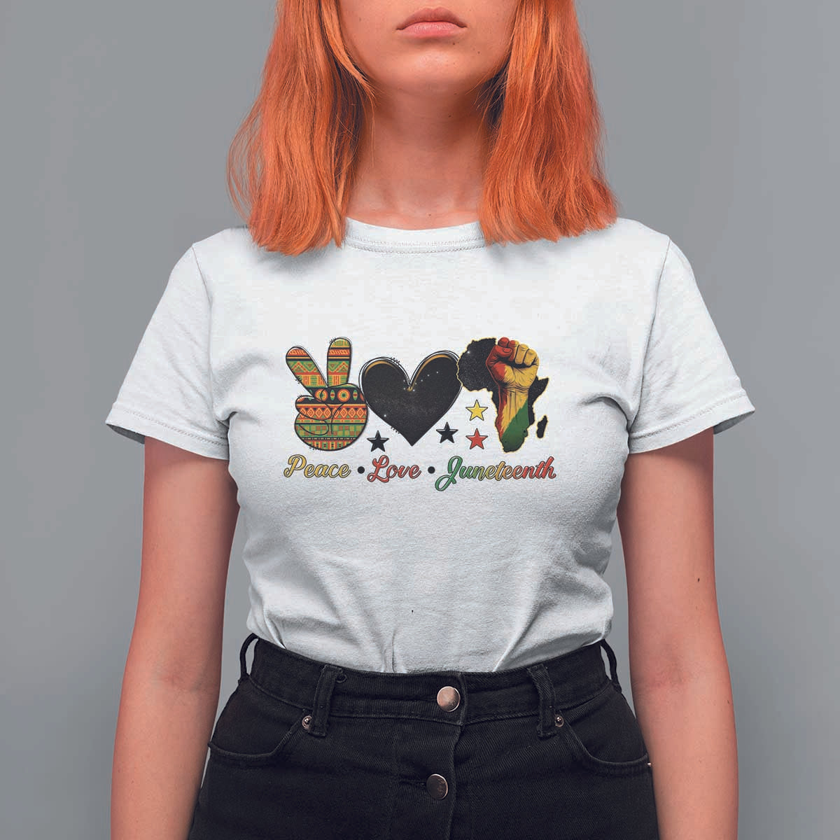 Peace Love Juneteenth T Shirt For Women 1865 Heart Kente Peace Sign Africa Fist - Wonder Print Shop