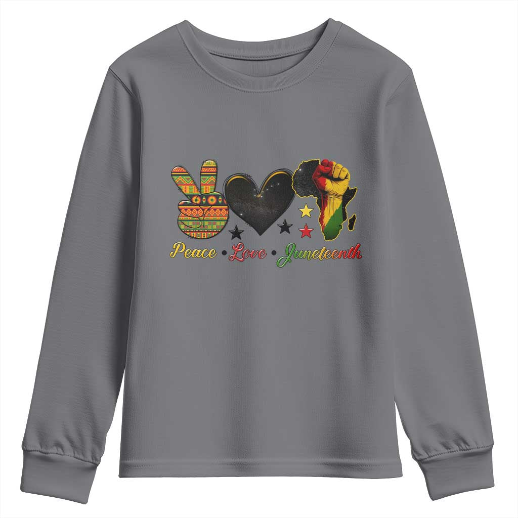 Peace Love Juneteenth Youth Sweatshirt 1865 Heart Kente Peace Sign Africa Fist - Wonder Print Shop