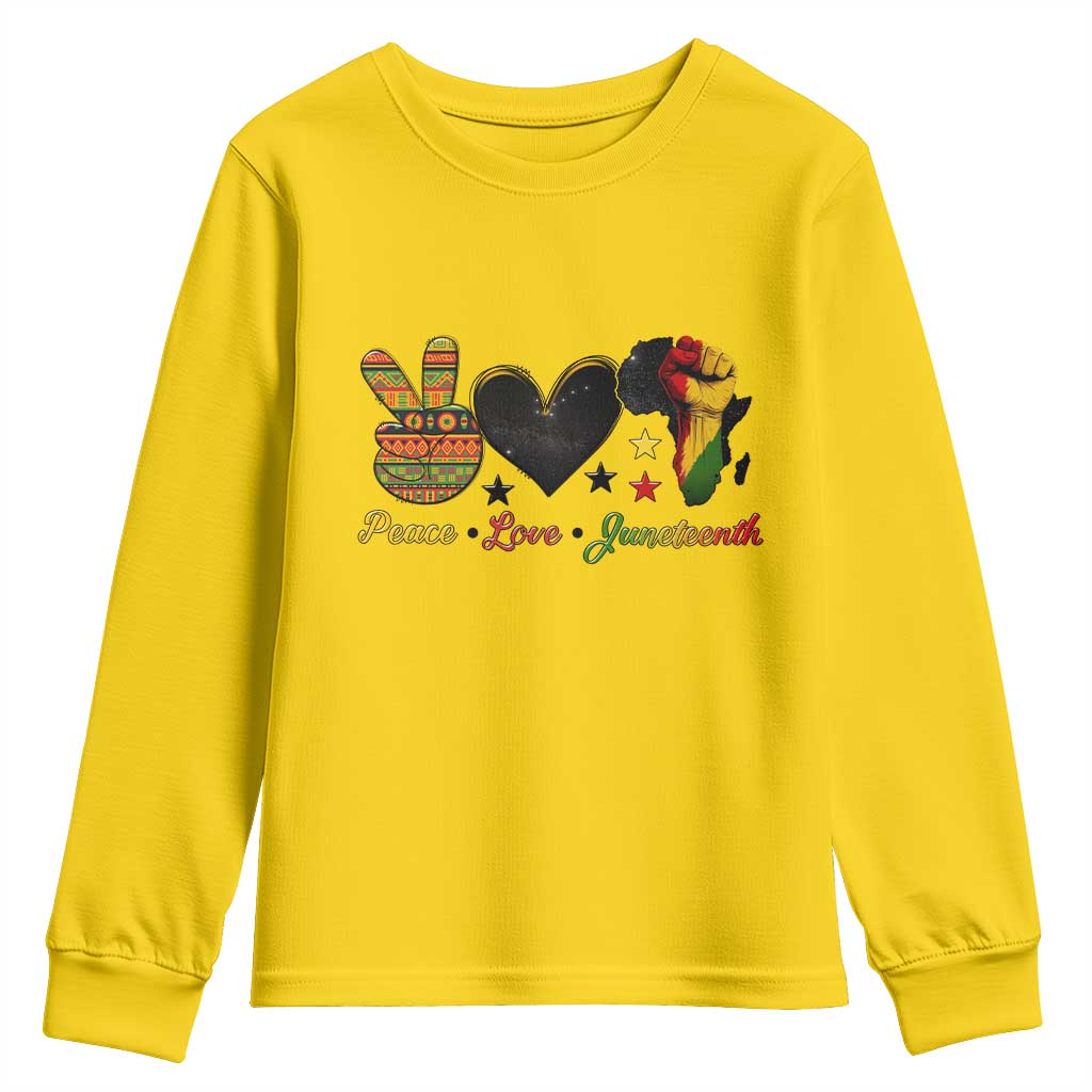 Peace Love Juneteenth Youth Sweatshirt 1865 Heart Kente Peace Sign Africa Fist - Wonder Print Shop