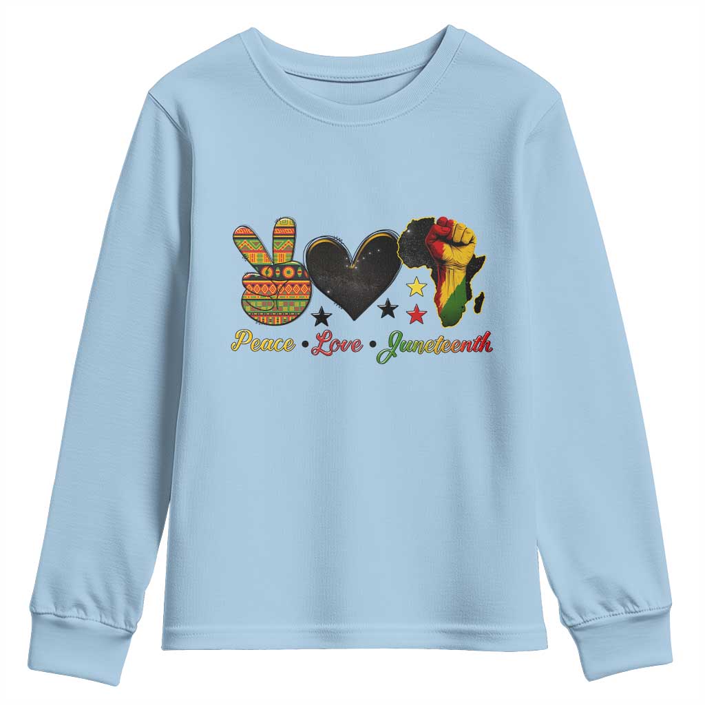 Peace Love Juneteenth Youth Sweatshirt 1865 Heart Kente Peace Sign Africa Fist - Wonder Print Shop