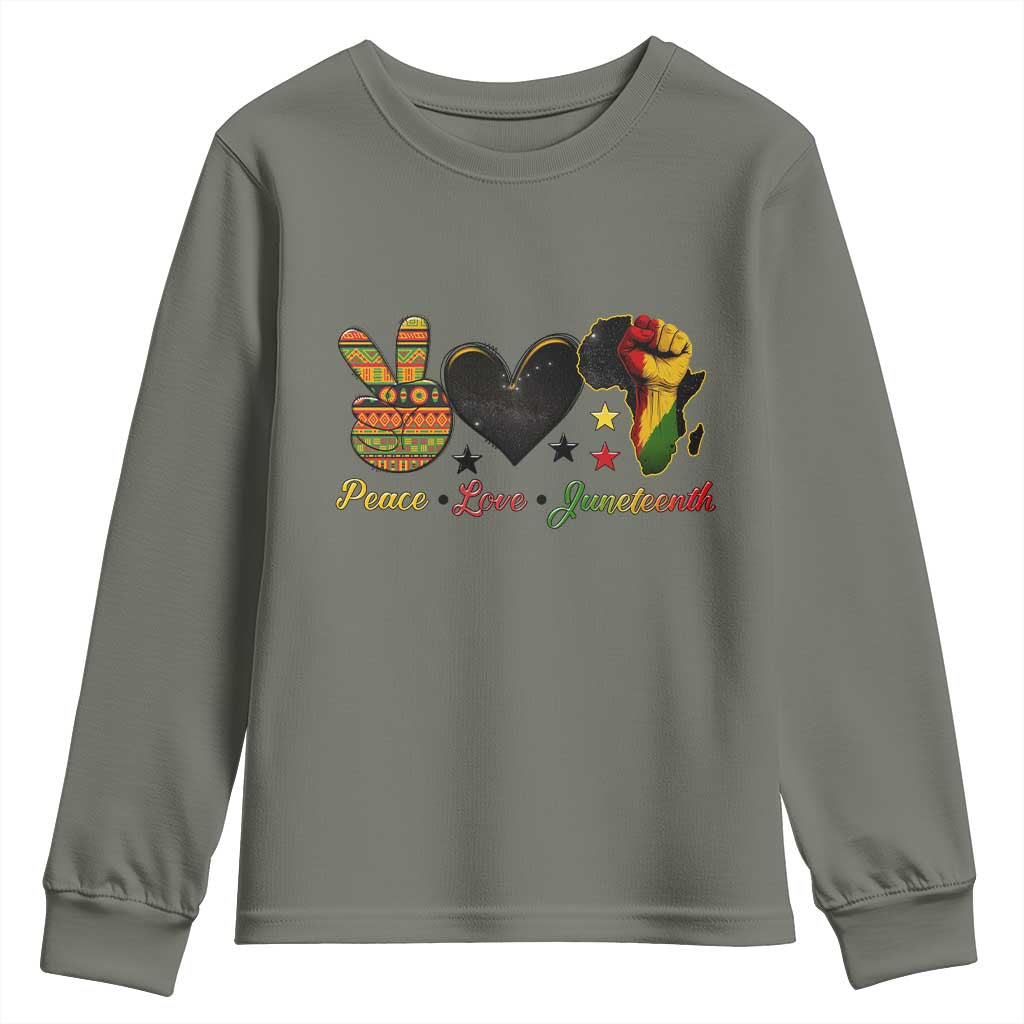 Peace Love Juneteenth Youth Sweatshirt 1865 Heart Kente Peace Sign Africa Fist - Wonder Print Shop