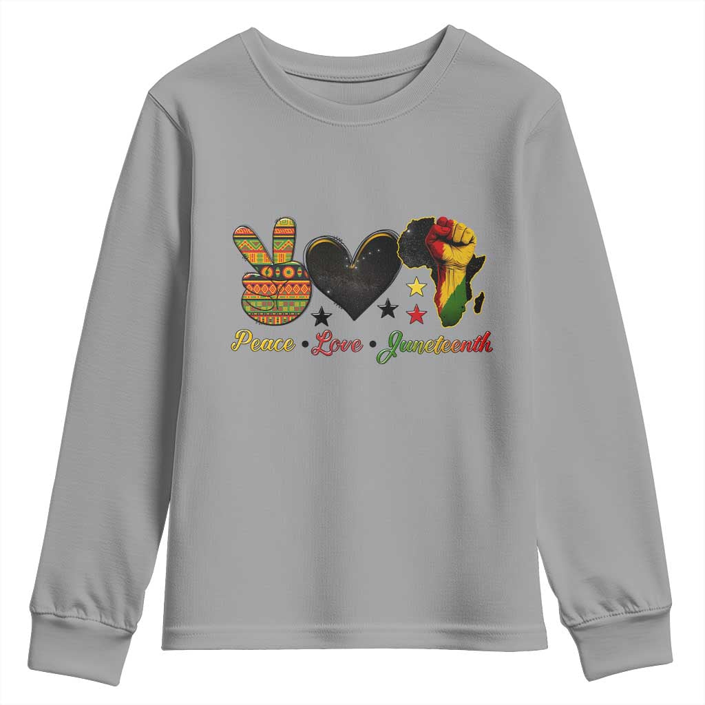 Peace Love Juneteenth Youth Sweatshirt 1865 Heart Kente Peace Sign Africa Fist - Wonder Print Shop