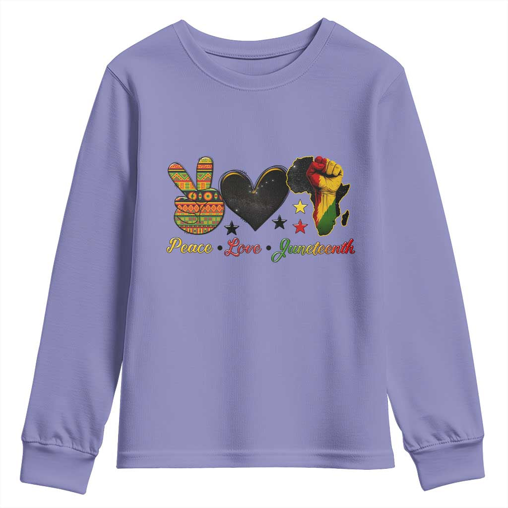 Peace Love Juneteenth Youth Sweatshirt 1865 Heart Kente Peace Sign Africa Fist - Wonder Print Shop