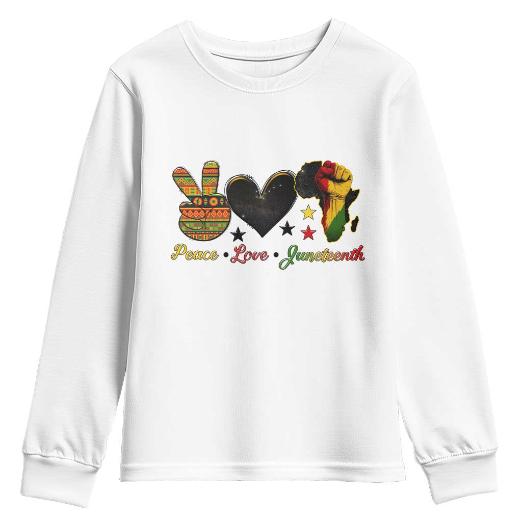 Peace Love Juneteenth Youth Sweatshirt 1865 Heart Kente Peace Sign Africa Fist - Wonder Print Shop