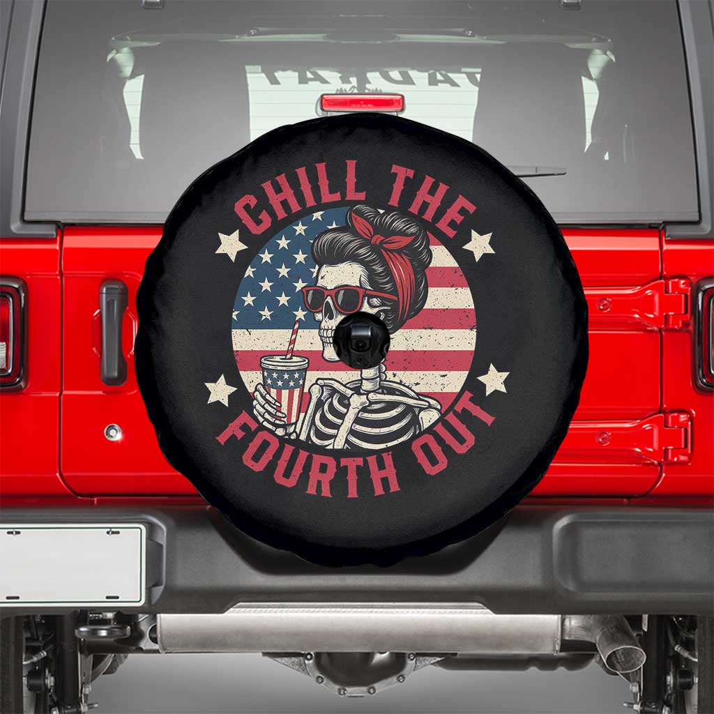 Retro Skeleton 4th of July Spare Tire Cover Chill The Fourth Out Funny Patriotic American Flag