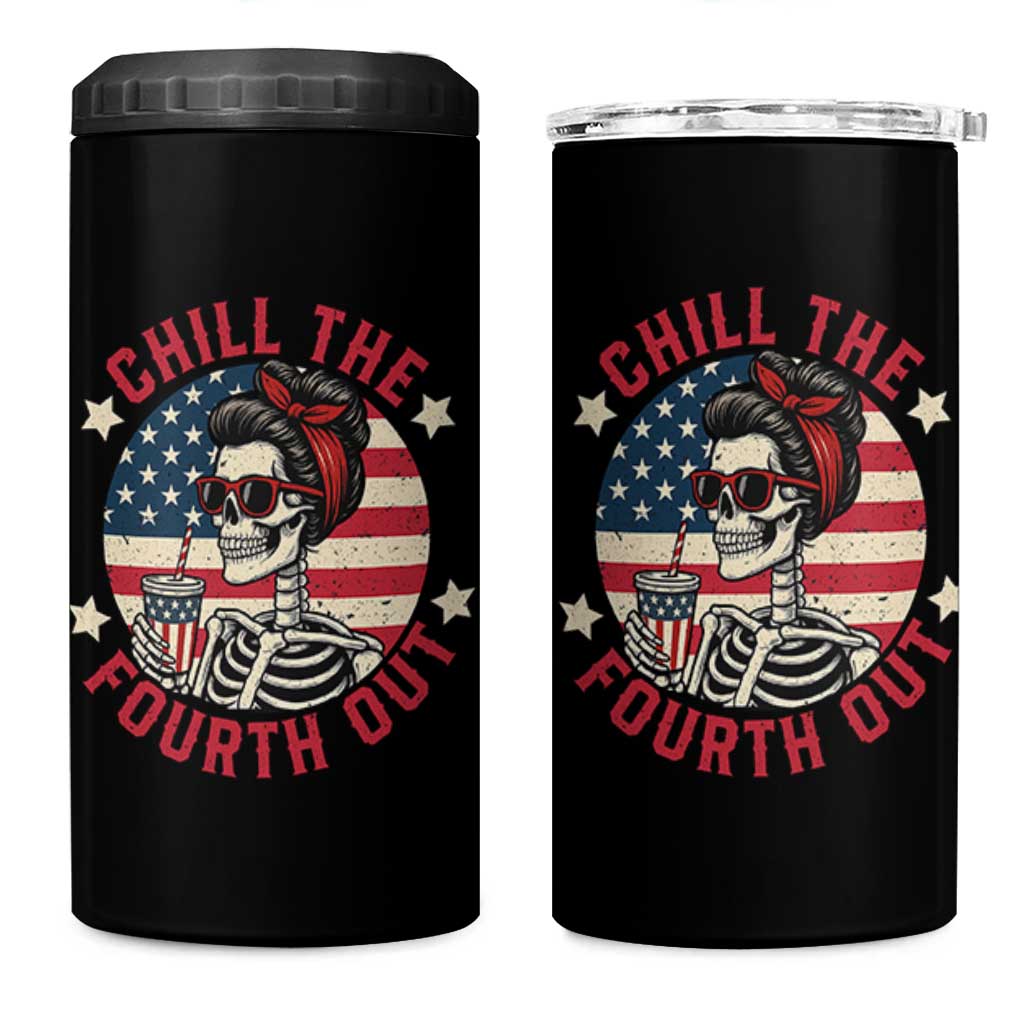 Retro Skeleton 4th of July 4 in 1 Can Cooler Tumbler Chill The Fourth Out Funny Patriotic American Flag
