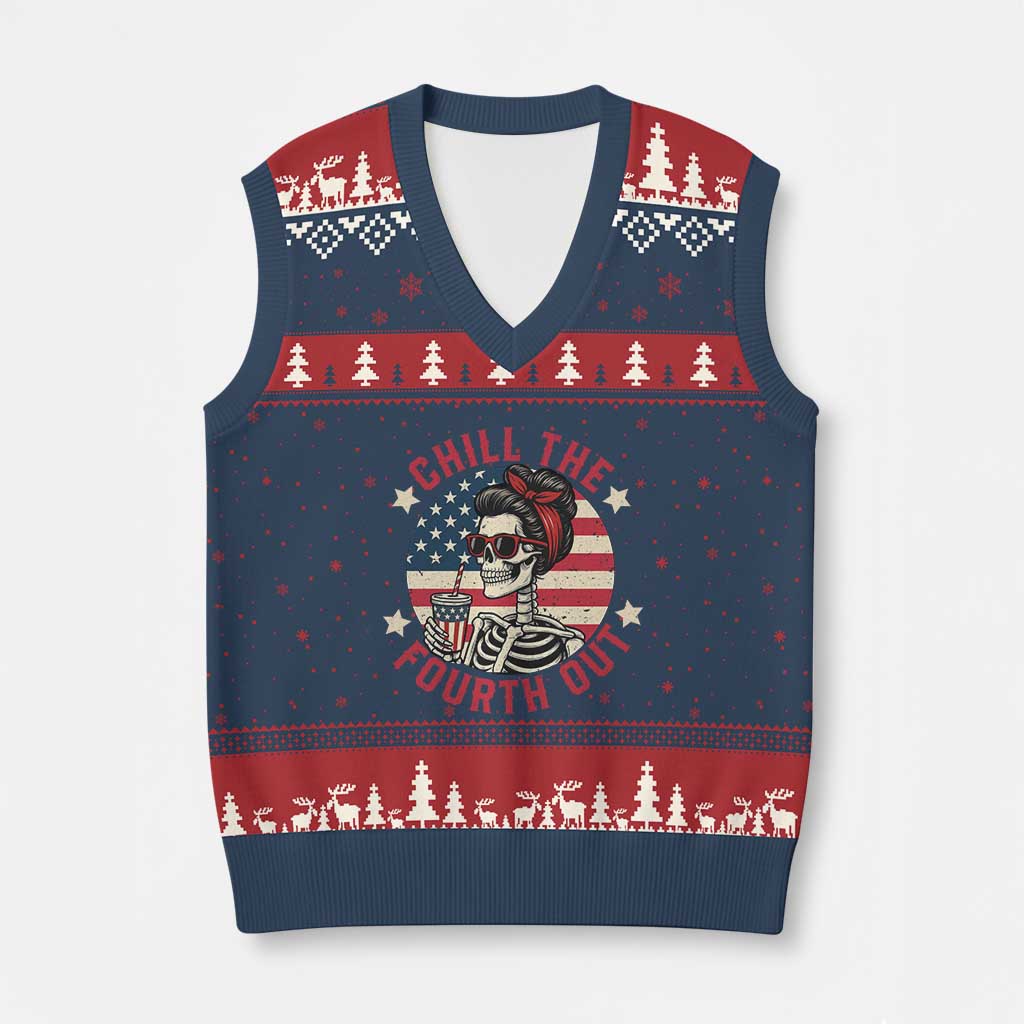 Retro Skeleton 4th of July V-Neck Knit Sweater Vest Chill The Fourth Out Funny Patriotic American Flag - Wonder Print Shop