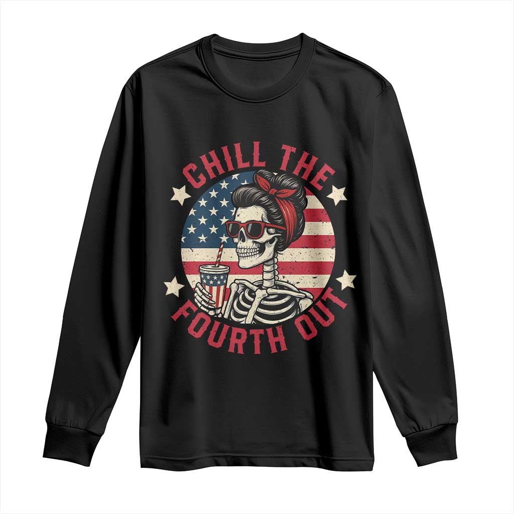 Retro Skeleton 4th of July Long Sleeve Shirt Chill The Fourth Out Funny Patriotic American Flag