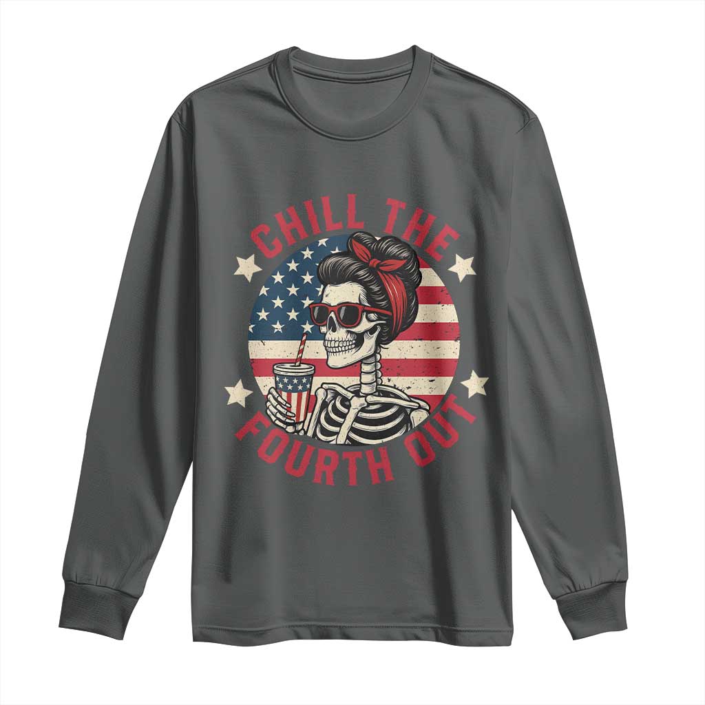 Retro Skeleton 4th of July Long Sleeve Shirt Chill The Fourth Out Funny Patriotic American Flag