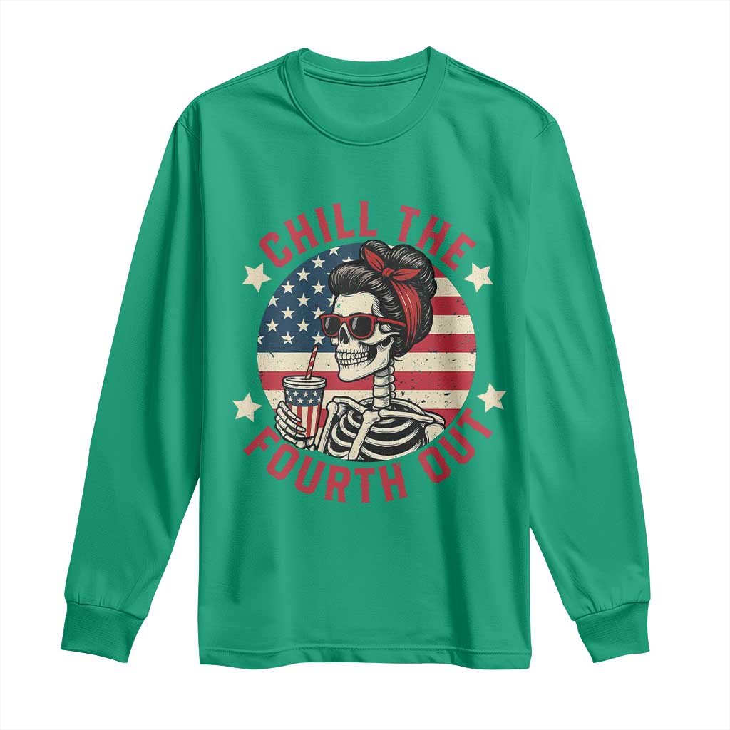 Retro Skeleton 4th of July Long Sleeve Shirt Chill The Fourth Out Funny Patriotic American Flag
