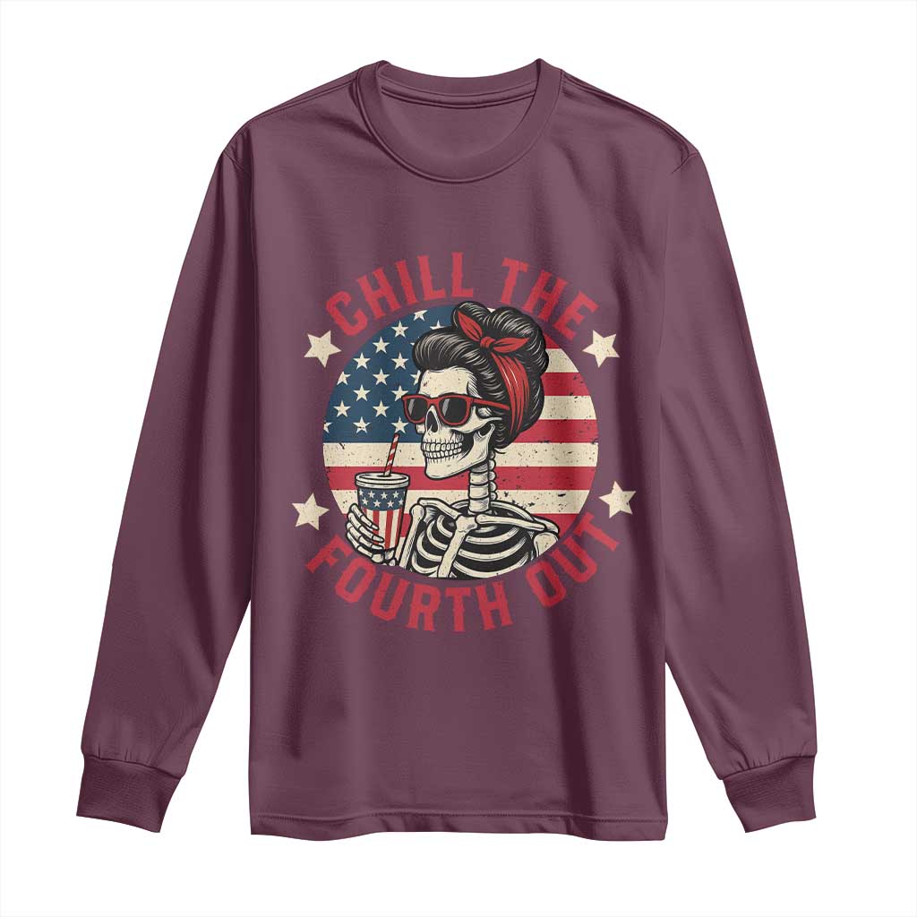 Retro Skeleton 4th of July Long Sleeve Shirt Chill The Fourth Out Funny Patriotic American Flag
