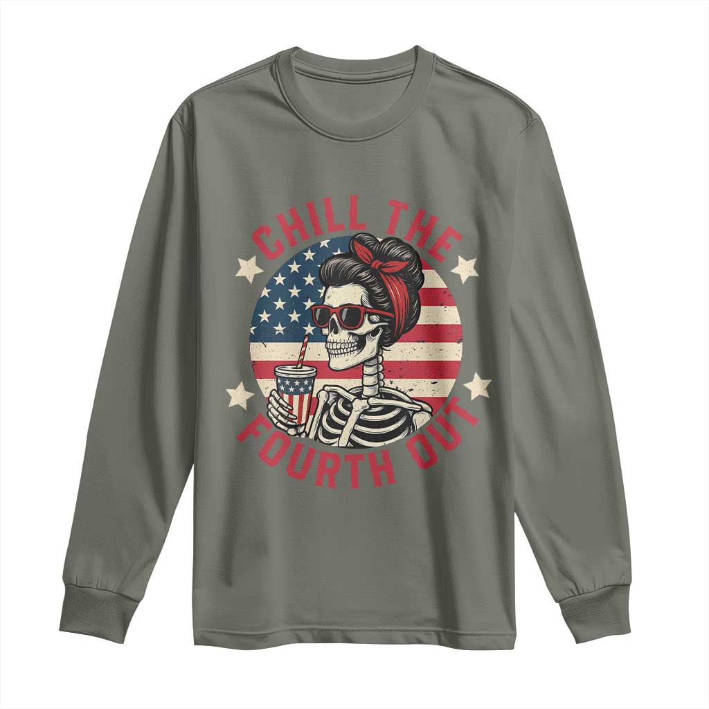 Retro Skeleton 4th of July Long Sleeve Shirt Chill The Fourth Out Funny Patriotic American Flag