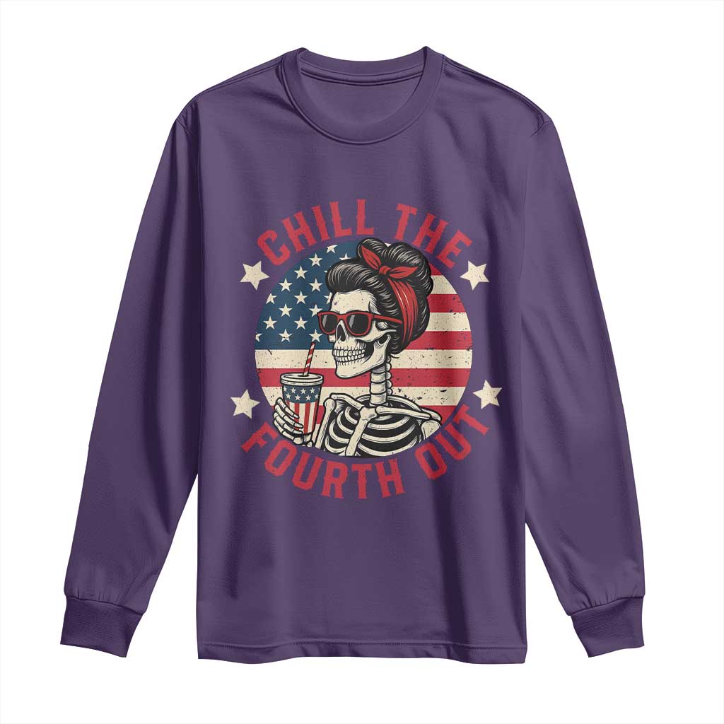Retro Skeleton 4th of July Long Sleeve Shirt Chill The Fourth Out Funny Patriotic American Flag