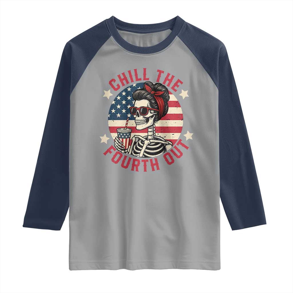 Retro Skeleton 4th of July Raglan Shirt Chill The Fourth Out Funny Patriotic American Flag