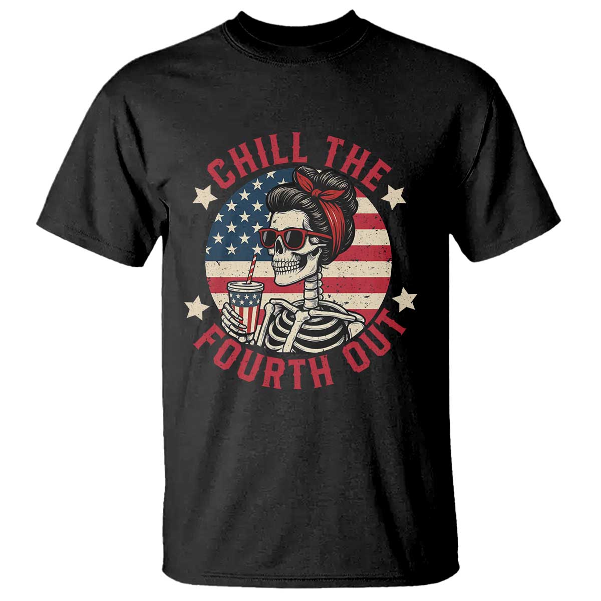Retro Skeleton 4th of July T Shirt Chill The Fourth Out Funny Patriotic American Flag