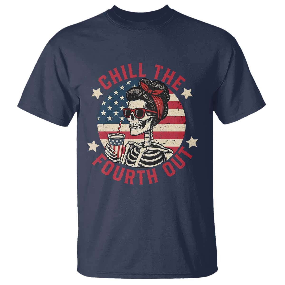Retro Skeleton 4th of July T Shirt Chill The Fourth Out Funny Patriotic American Flag