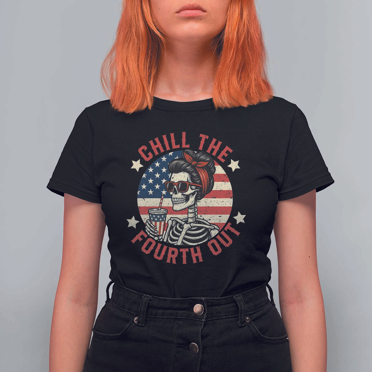 Retro Skeleton 4th of July T Shirt For Women Chill The Fourth Out Funny Patriotic American Flag