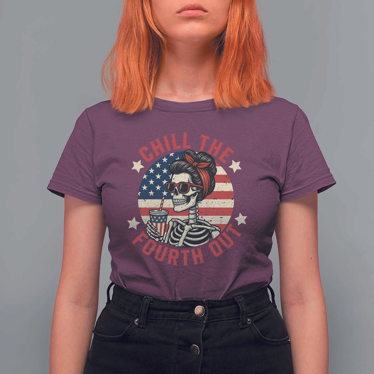 Retro Skeleton 4th of July T Shirt For Women Chill The Fourth Out Funny Patriotic American Flag